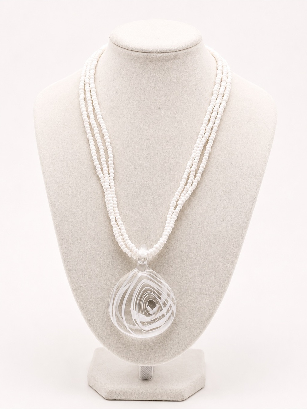 White Beaded Necklace with Clear Swirl Glass Pendant - Designer Style